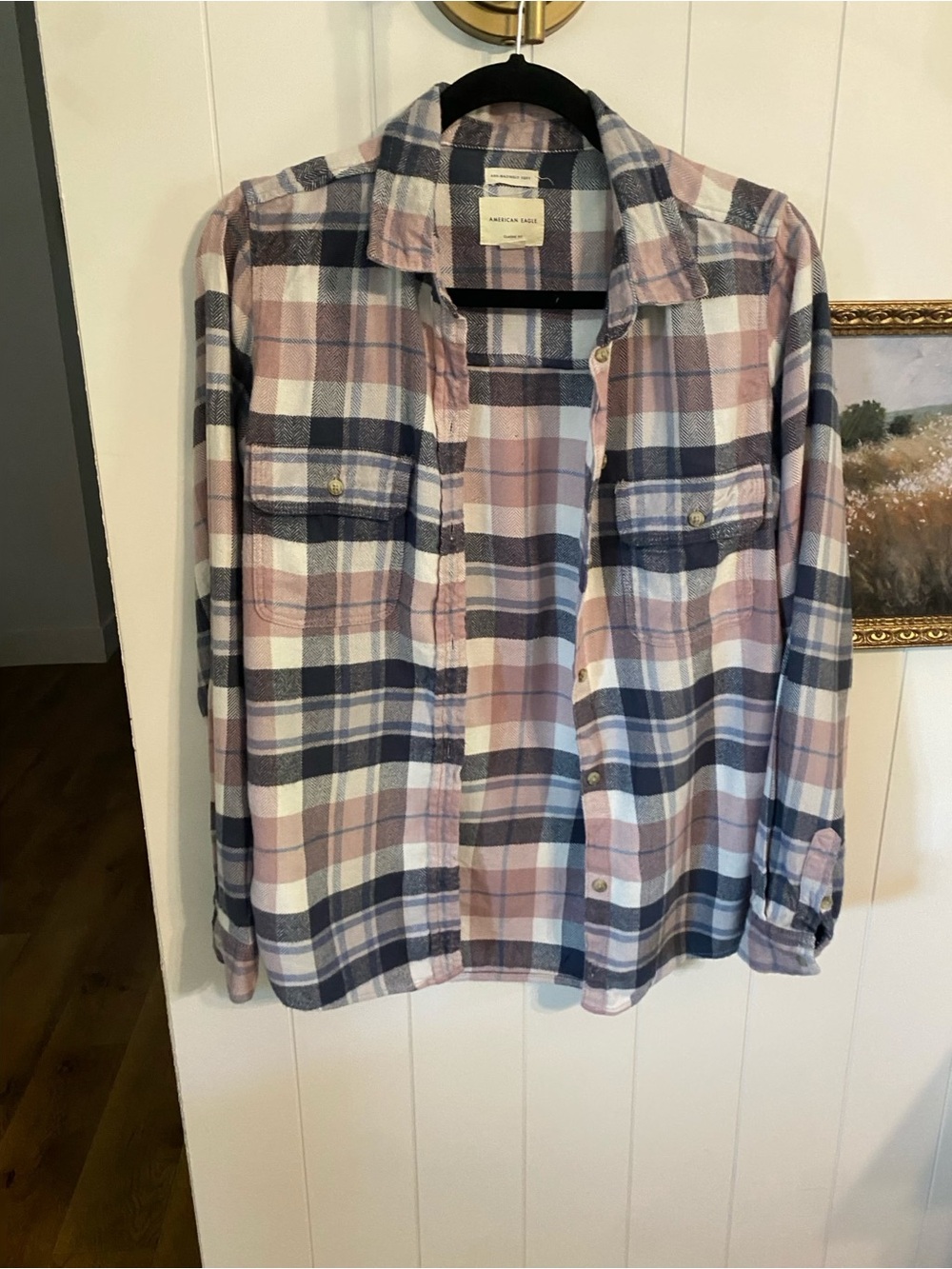 American Eagle Outfitters Pink and Navy Plaid Button-Down Shirt